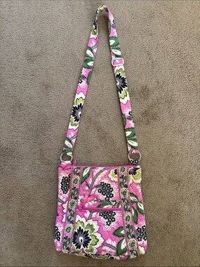 Vera Bradley Pink Floral Quilted Crossbody with Green Accents